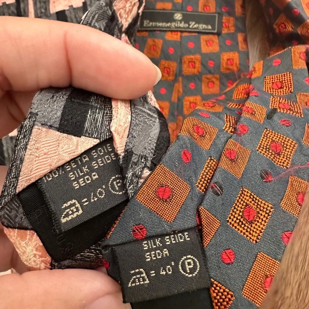 Ermenegildo Zegna Silk Necktie Lot 2 Mens‎ Geometric Abstract Blue Pink Italy